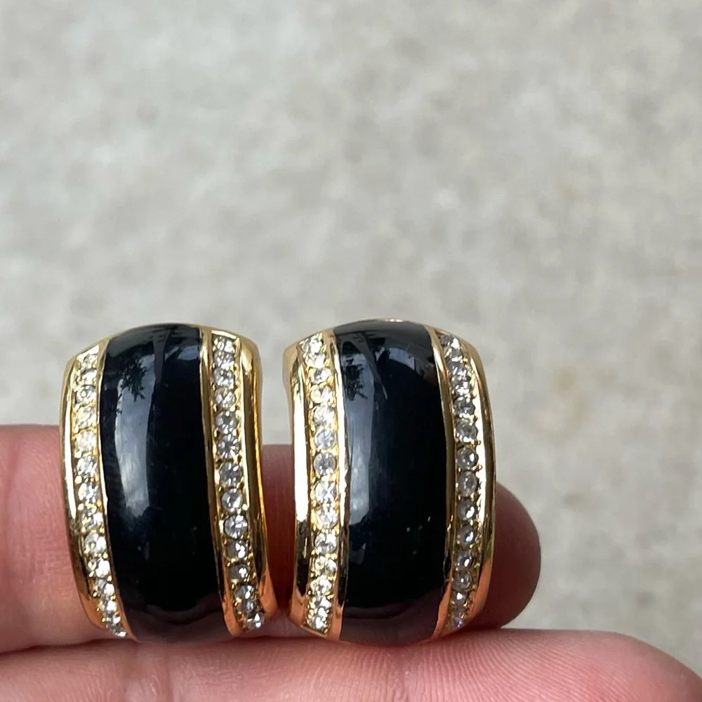 Vintage Gold Black Enamel pierced Earrings Rhinestone accents